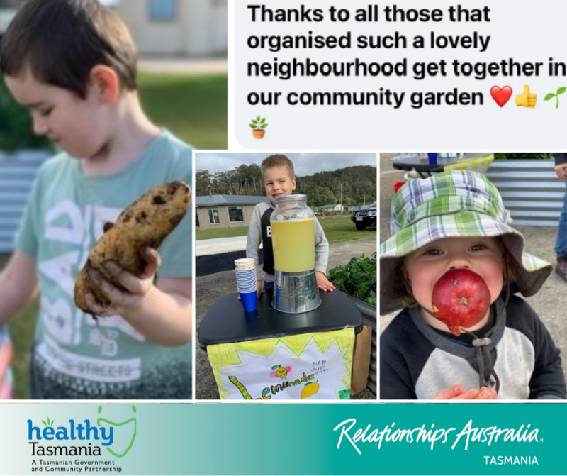 Collage of images from a community day. Children holding a potato, eating an apple and operating a lemonade stall. A Facebook comment says, “Thanks to all those that organised such a lovely neighbourhood get together in our community garden” with a heart emoji and various plant emojis.