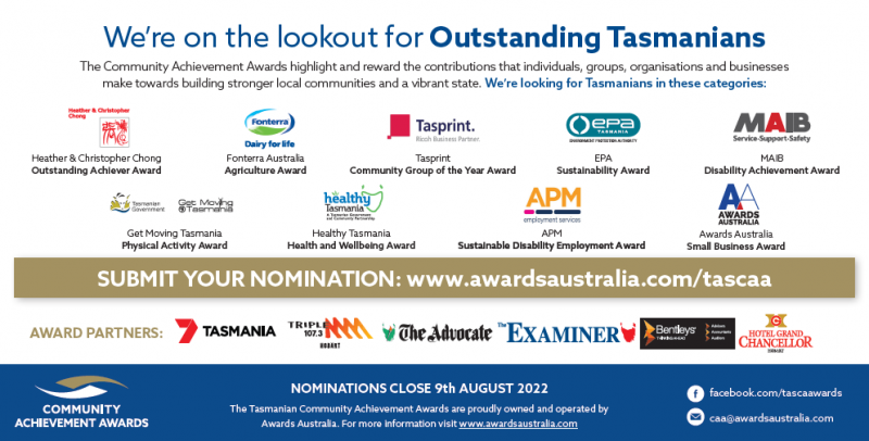 Text reads: We're on the lookout for Outstanding Tasmanians, with a list of each award which can be found at www.awardsaustralia.com/tascaa 