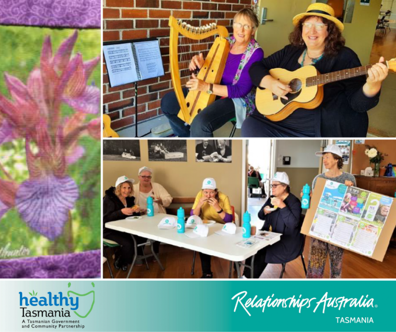 Collage of images from a heath expo. Community members enjoying lunch together with their neighbour day promotional material and community flyers; people playing the harp and guitar together; a flowery quilt.