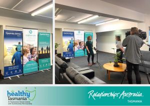 Collage of two images. The first image shows the Relationships Australia and Neighbour Day banners. The second image shows Healthy Tasmania Project Officer Christy Measham being interviewed by local media, standing in front of Relationships Australia and Neighbour Day banners. 